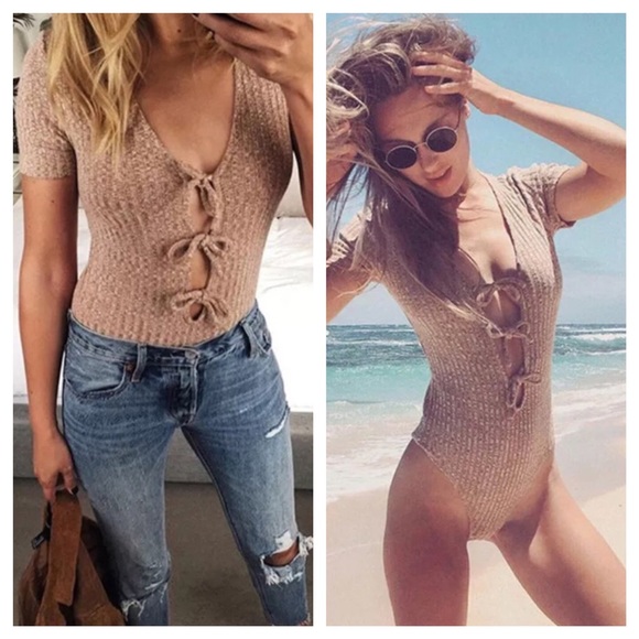 ✨BROWN BODYSUIT-LEOTARD-TIE FRONT-NEW-BOUTIQUE✨ - Picture 2 of 5